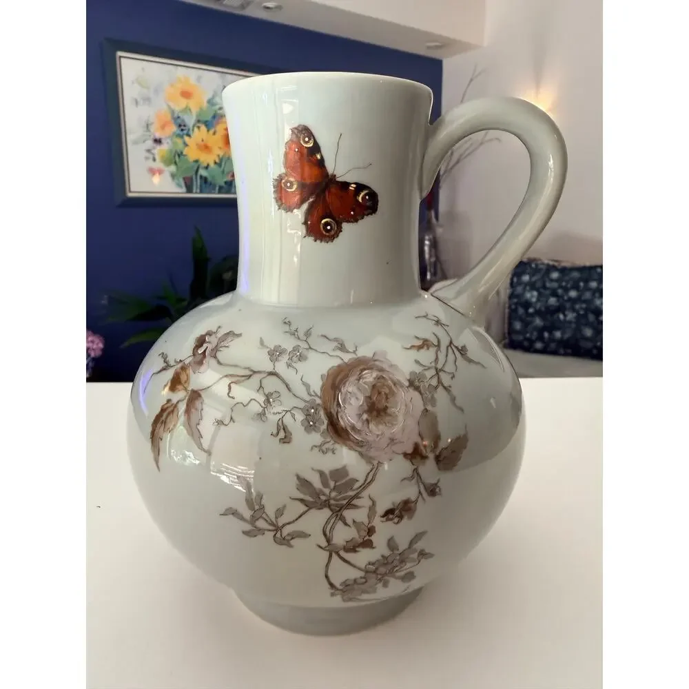 Antique Haviland Limoges Pitcher Aesthetic Movement Butterfly Floral 1880s Jug